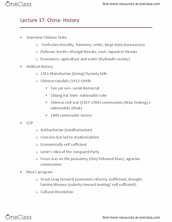 POLI 316 Lecture Notes - Lecture 17: Chiang Kai-Shek, Sun Yat-Sen, Mao Zedong thumbnail