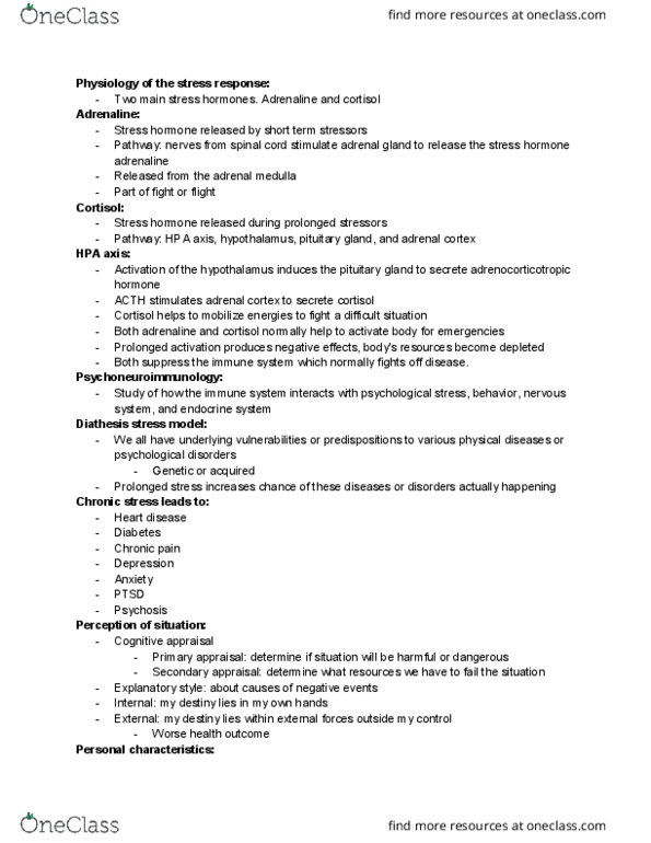 PSY B110 Lecture Notes - Lecture 38: Adrenal Medulla, Adrenal Gland, Psychoneuroimmunology thumbnail