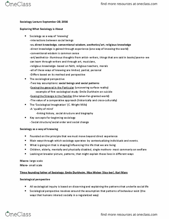 SOCI 1001H Lecture Notes - Lecture 2: Sociological Inquiry, Social Order, Social Forces thumbnail