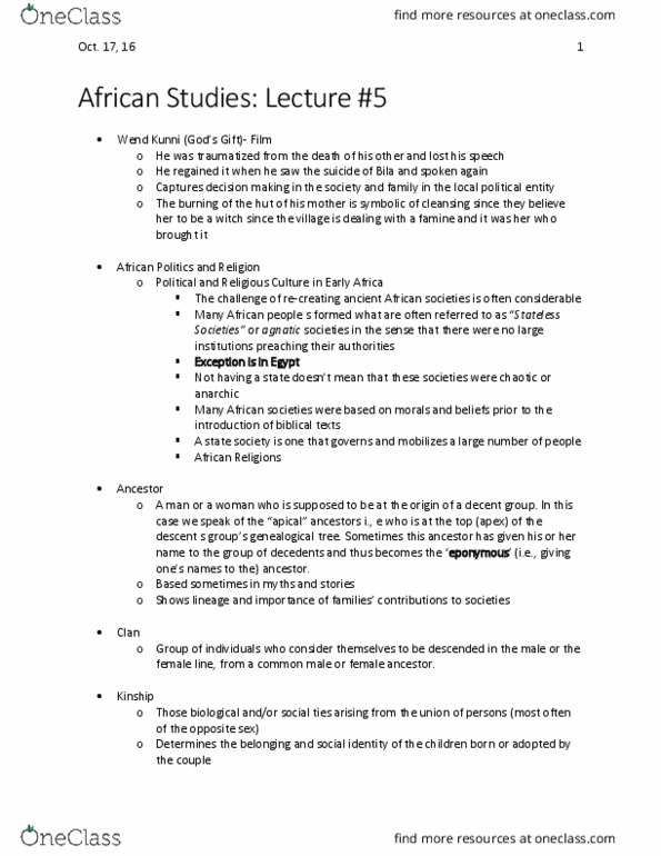 SOSC 2480 Lecture Notes - Lecture 5: Ethnic Group, Consanguinity, Animism thumbnail