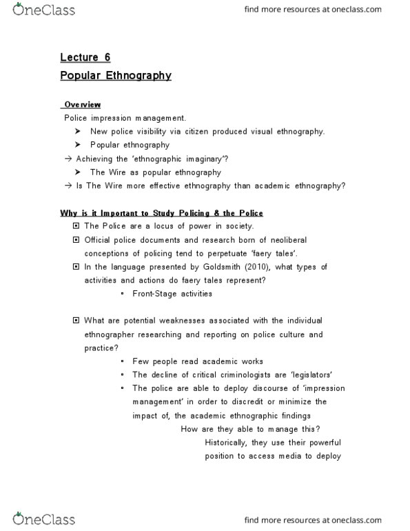 CRIM 3652 Lecture Notes - Lecture 6: Erving Goffman, Ethnography, Impression Management thumbnail