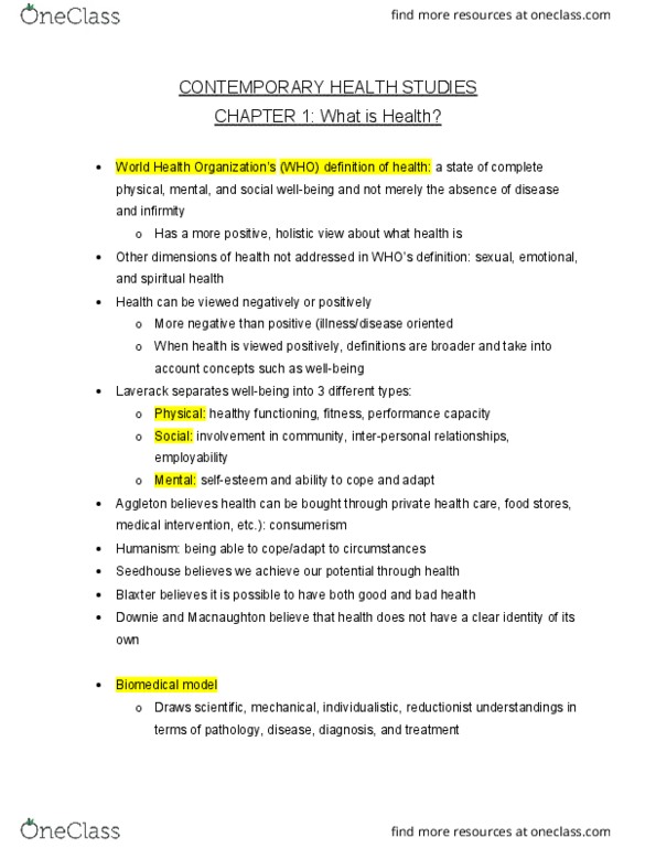 SOCA01H3 Chapter Notes - Chapter 1: Reductionism, Biomedical Model, Health Promotion thumbnail