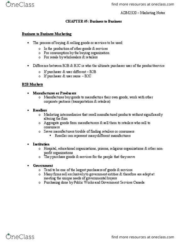 ADM 2320 Lecture Notes - Lecture 5: Direct Selling, Marketing Mix, Retail thumbnail
