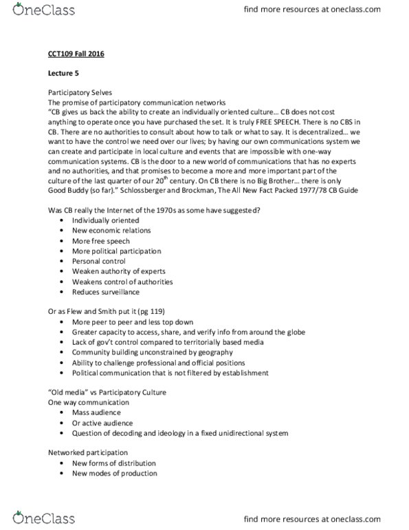 CCT109H5 Lecture Notes - Lecture 5: Sherry Turkle, Community Building, Political Communication thumbnail