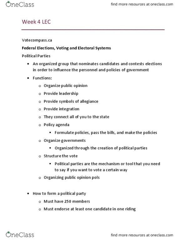POLS 1400 Lecture Notes - Lecture 4: Party System, Proportional Representation, Royal Assent thumbnail