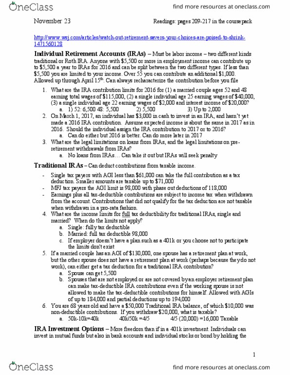 FI 413 Lecture Notes - Lecture 22: Tax Deduction, Single Tax, Traditional Ira thumbnail