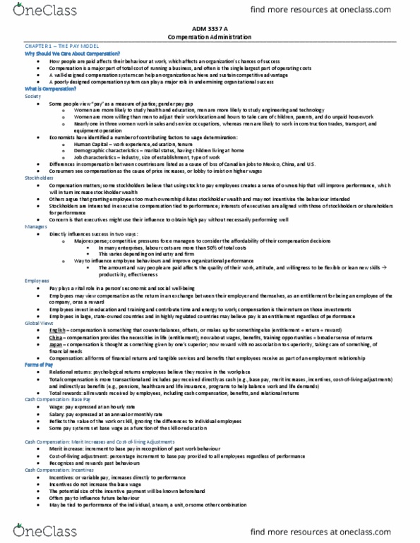 ADM 3337 Chapter Notes - Chapter 1: Telecommuting, Life Insurance, Total Rewards thumbnail