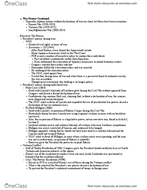 PS 3150 Lecture Notes - Lecture 6: War Powers Resolution, Ex Parte Milligan, Undeclared thumbnail