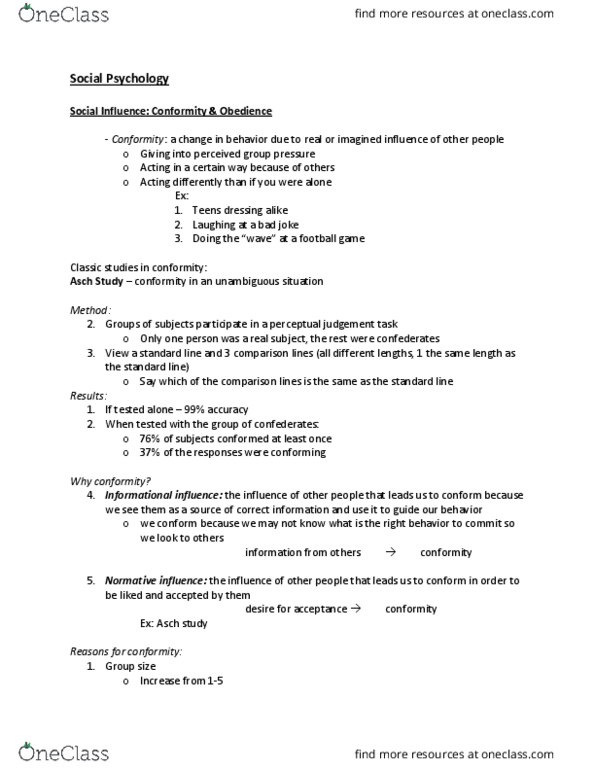 PSYCH 100 Lecture Notes - Lecture 17: Prosocial Behavior, Social Influence, Stanley Milgram thumbnail