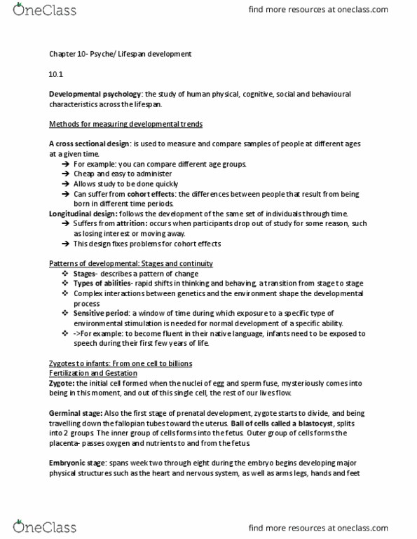 PSYA02H3 Chapter Notes - Chapter 10: Synaptic Pruning, Blastocyst, Fetus thumbnail