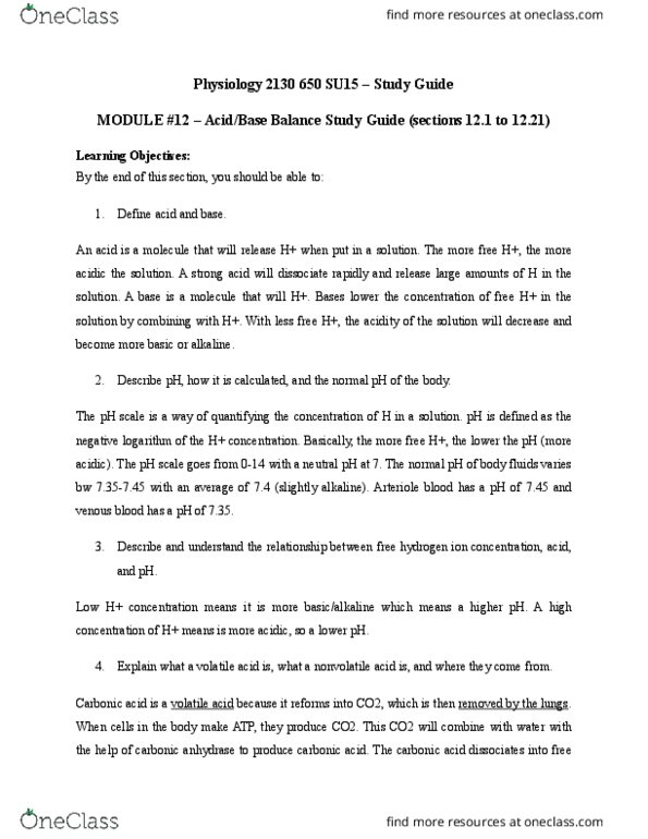 Physiology 2130 Lecture Notes - Lecture 12: Carbonic Acid, Carbonic Anhydrase, Peripheral Chemoreceptors thumbnail