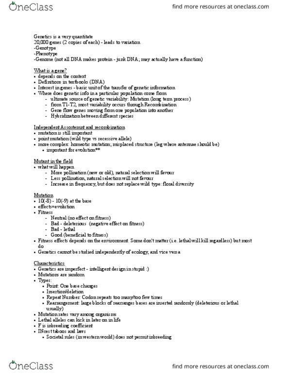 BIO120H1 Lecture Notes - Lecture 4: Lethal Allele, Noncoding Dna, Point Mutation thumbnail