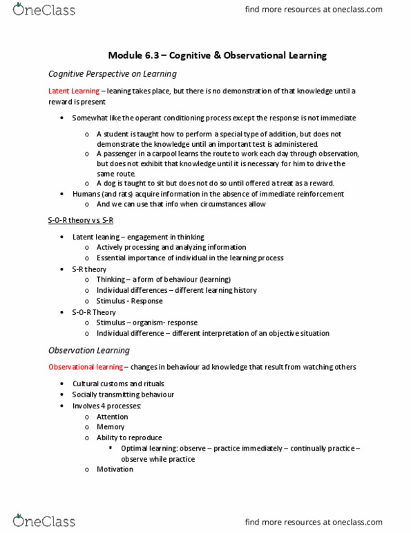 PSY100H1 Chapter Notes - Chapter 6: Carpool, Reinforcement, Observational Learning thumbnail