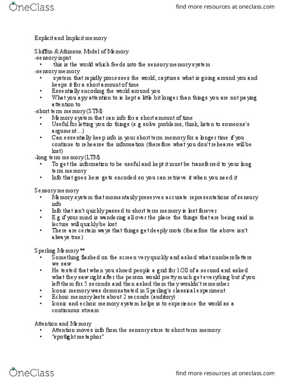 PSY100H1 Lecture Notes - Lecture 5: Ice Cream Cone, Implicit Memory, Explicit Memory thumbnail