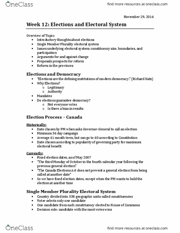 Political Science 2230E Lecture Notes - Lecture 12: Plurality Voting System, Canada Elections Act, Proportional Representation thumbnail