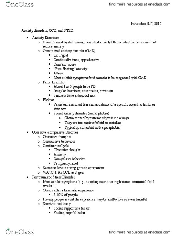 PSY 100 Lecture Notes - Lecture 31: Generalized Anxiety Disorder, Natural Selection, Agoraphobia thumbnail