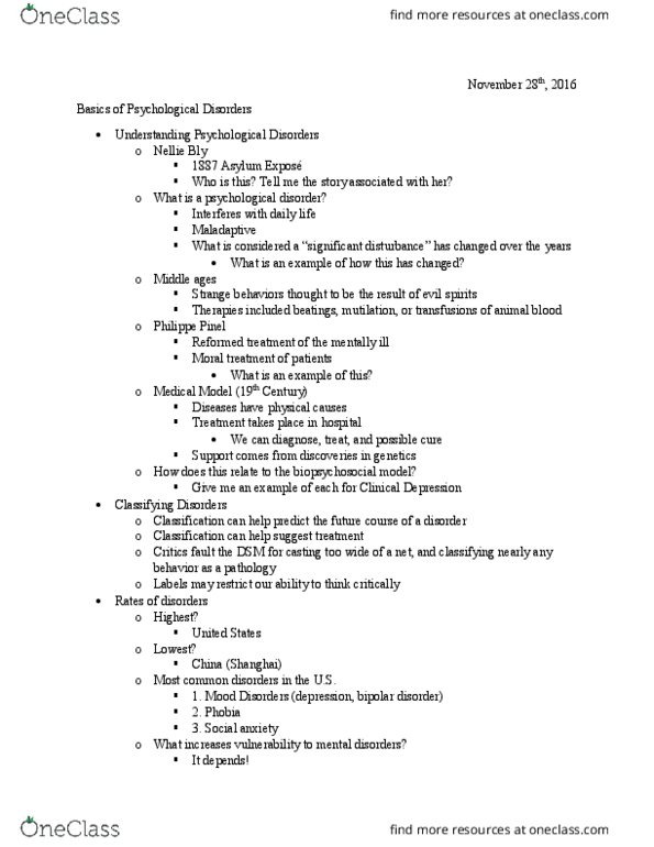 PSY 100 Lecture Notes - Lecture 29: Bipolar Disorder, Philippe Pinel, Moral Treatment thumbnail