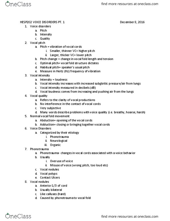 HESP 202 Lecture Notes - Lecture 22: List Of Voice Disorders, Anatomical Terms Of Motion, Arytenoid Cartilage thumbnail