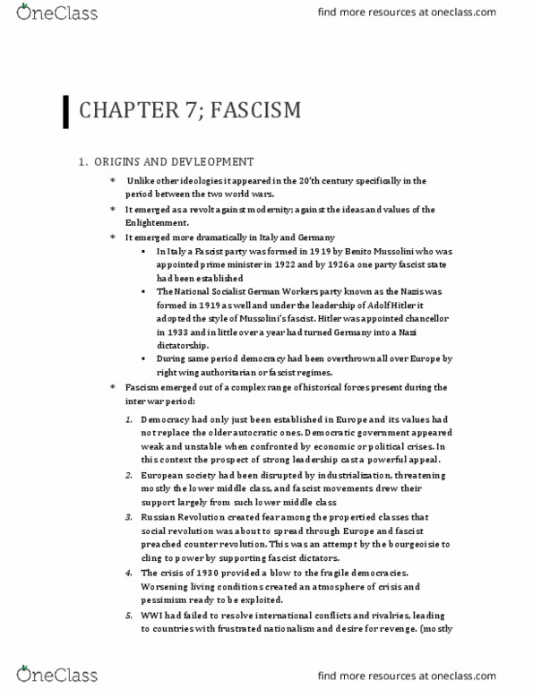 CAS IR 230 Chapter Notes - Chapter 7: Totalitarian Democracy, Nazi Party, Totalitarianism thumbnail
