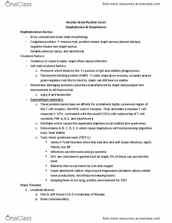 Microbiology and Immunology 3820A Lecture Notes - Lecture 13: Aureus, Streptokinase, Splenectomy thumbnail