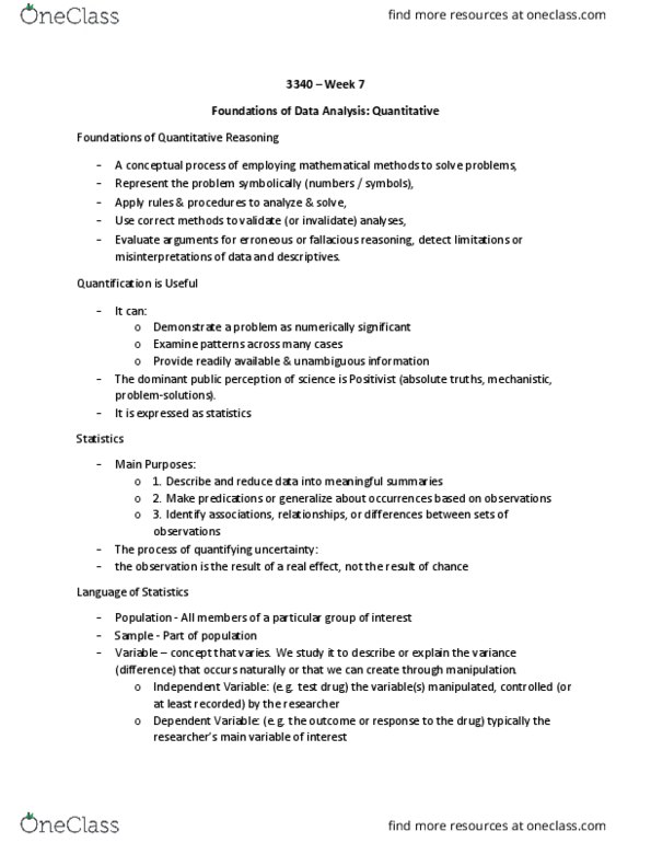 Nursing 3340A/B Lecture Notes - Lecture 7: Scientific Modelling, Standard Deviation, Missing Data thumbnail