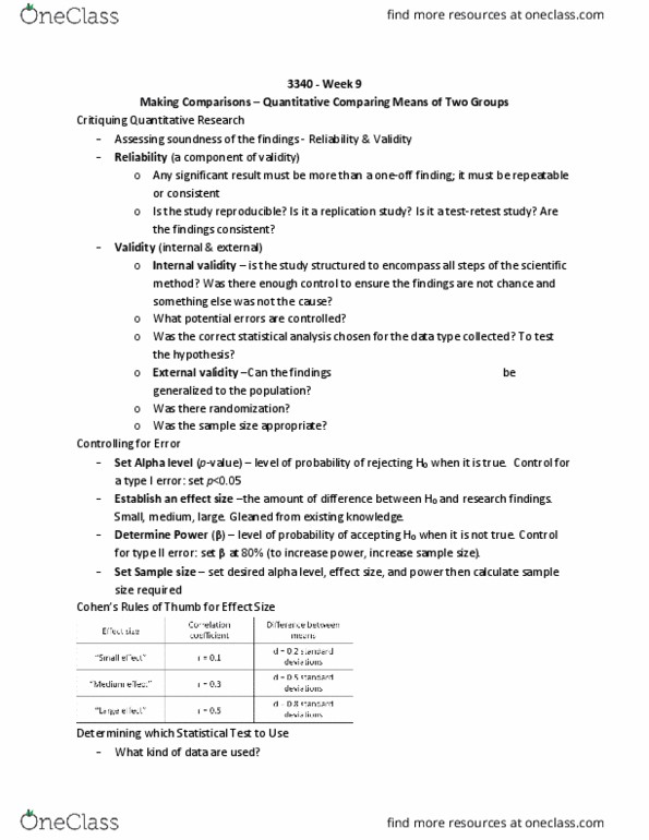 Nursing 3340A/B Lecture Notes - Lecture 9: External Validity, Test Statistic, Location Test thumbnail
