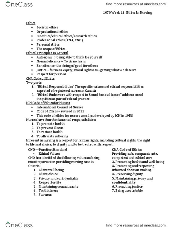 Nursing 1070A/B Lecture Notes - Lecture 11: Organizational Ethics, Palliative Care, Professional Ethics thumbnail