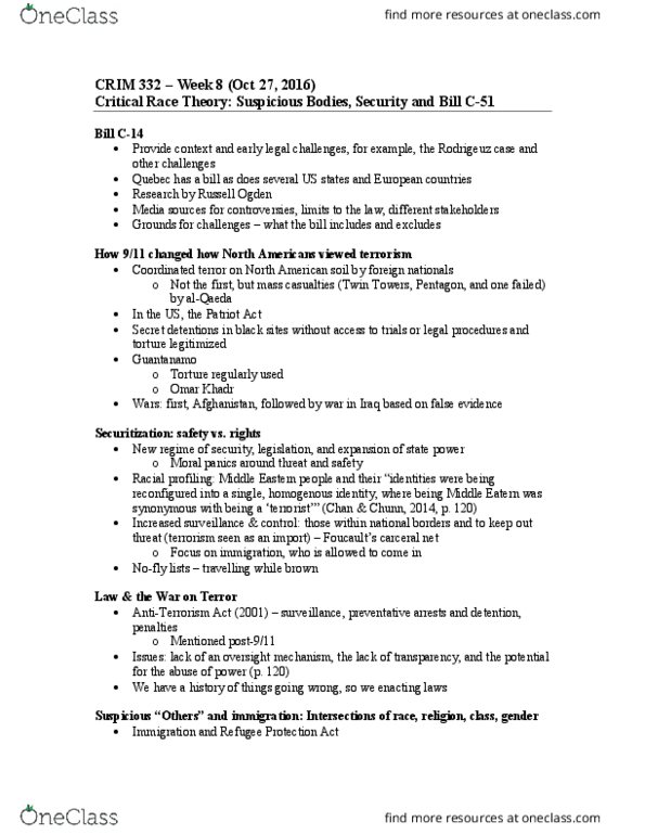 CRIM 332 Lecture Notes - Lecture 8: Maher Arar, Critical Race Theory, Racialization thumbnail