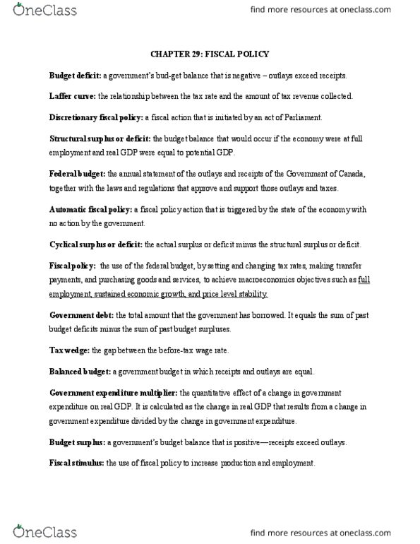 ECON 1010 Chapter Notes - Chapter 29-30: Output Gap, Government Spending, Opportunity Cost thumbnail