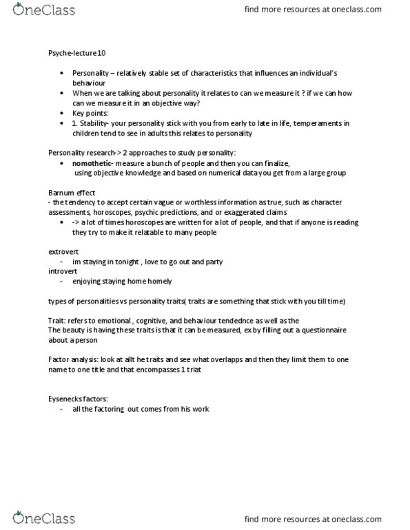 PSYA02H3 Lecture Notes - Lecture 10: Nomothetic, Conscientiousness, Factor Analysis thumbnail