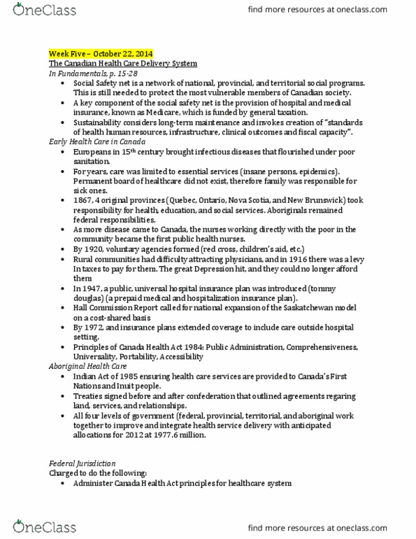 Nursing 1060A/B Chapter Notes - Chapter week 5: Canada Health Act, Health Promotion, Health Human Resources thumbnail
