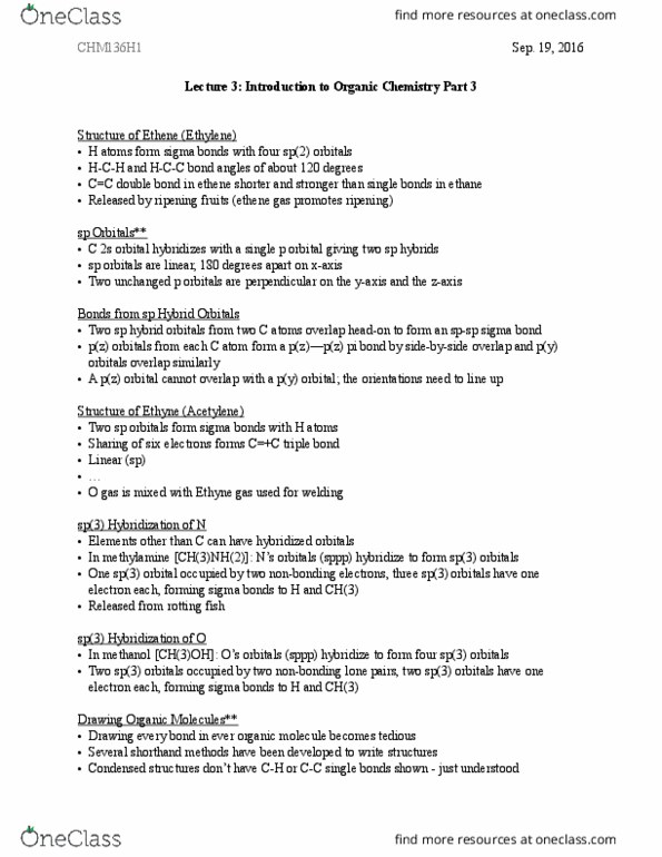 CHM136H1 Lecture Notes - Lecture 3: Orbital Hybridisation, Sigma Bond, Ethylene thumbnail