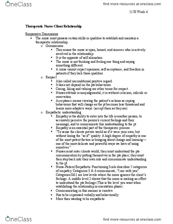 Nursing 1170A/B Chapter Notes - Chapter week 4: Therapeutic Relationship thumbnail