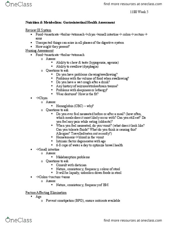 Nursing 1180A/B Lecture Notes - Lecture 5: Dietitian, Constipation, Hemoglobin thumbnail