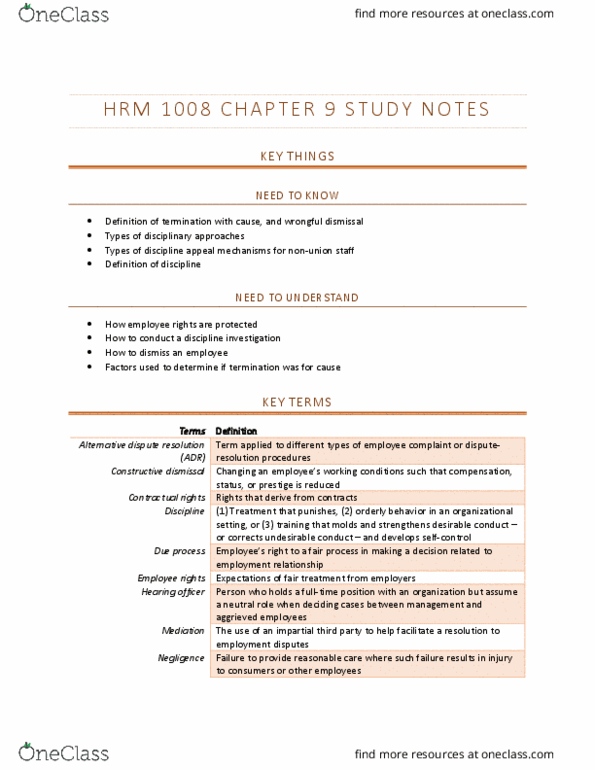 HRM1008 Chapter Notes - Chapter 9: Absenteeism, Wrongful Dismissal, Constructive Dismissal thumbnail
