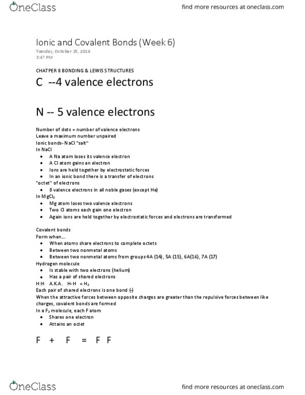 CHEM B1110 Lecture Notes - Lecture 11: Covalent Bond, Hydrogen, Electronegativity thumbnail