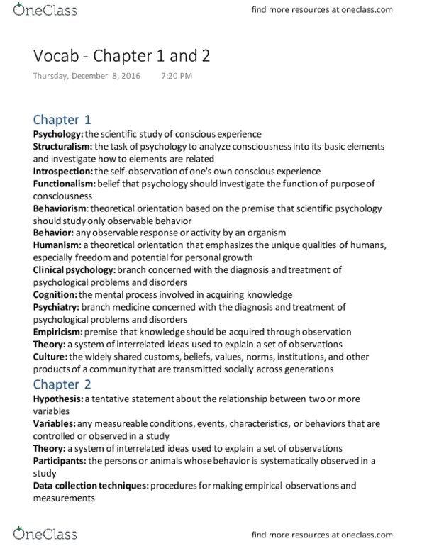 PSYC 101 Chapter Notes - Chapter 1-2: Sampling Bias, Behaviorism, Empiricism thumbnail