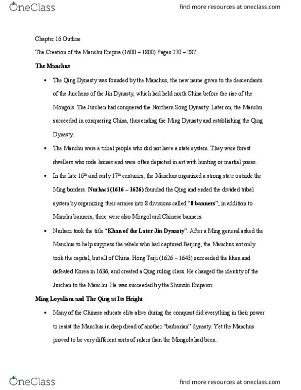 HIST 80a Chapter Notes - Chapter 16: Yongzheng Emperor, Nurhaci, Shunzhi Emperor thumbnail
