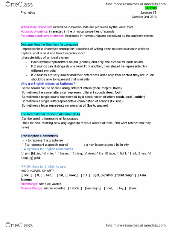 ENG 1100 Lecture Notes - Lecture 6: Grapheme, Phonetics, Phonetic Transcription thumbnail
