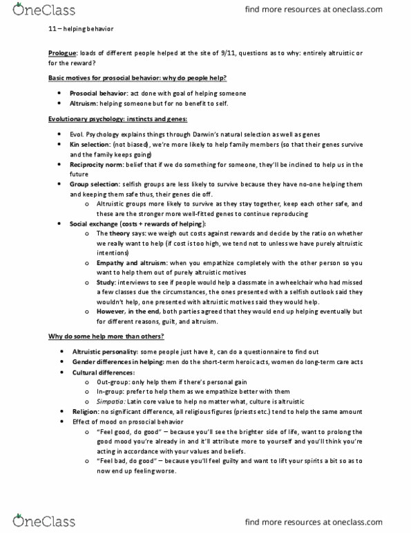 PSYCH 221 Chapter Notes - Chapter 11: Ingroups And Outgroups, Kin Selection, Prosocial Behavior thumbnail