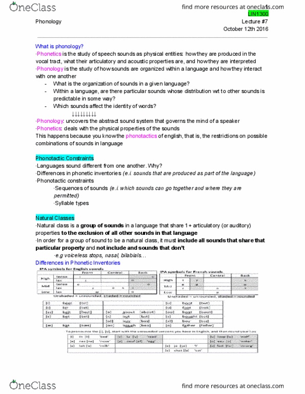 LIN 1300 Lecture Notes - Lecture 7: Vocal Tract, Grapheme, Phonotactics thumbnail