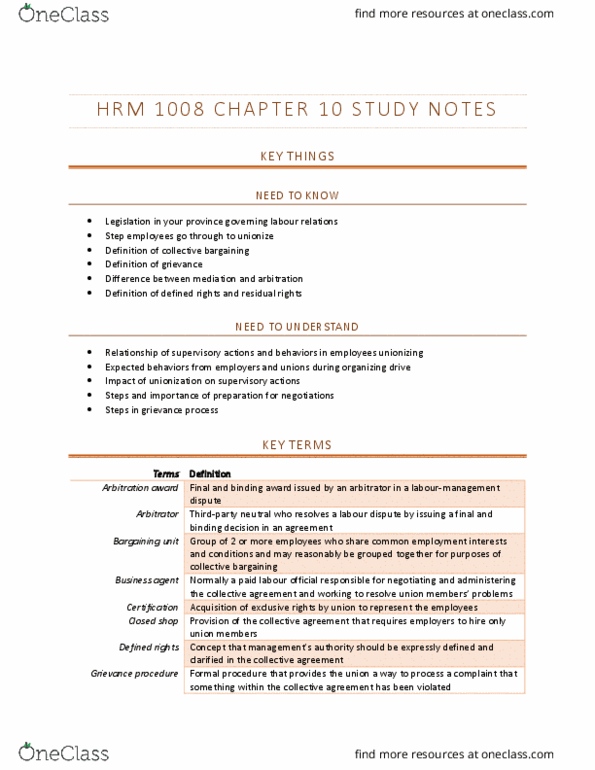 HRM1008 Chapter Notes - Chapter 10: Bargaining Unit, Union Representative, Closed Shop thumbnail