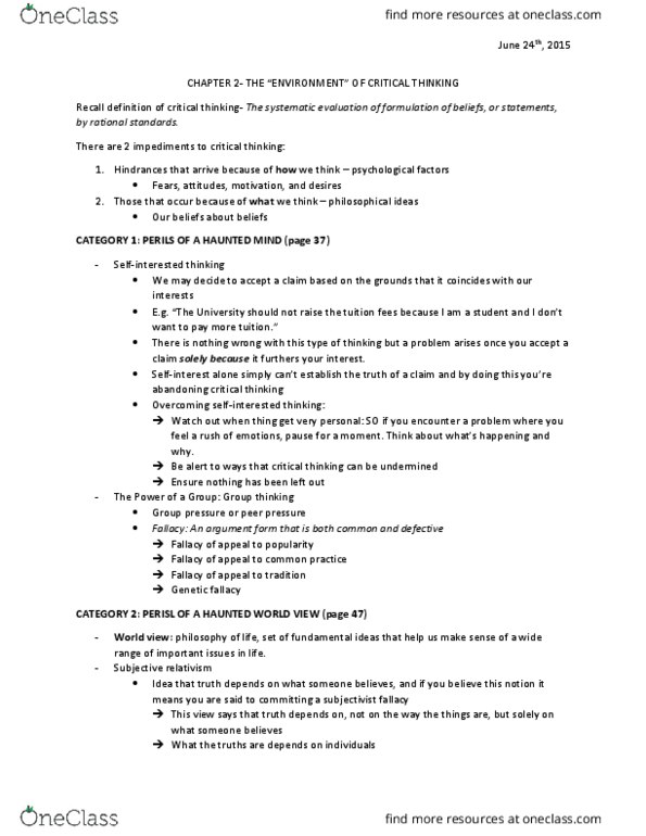 SSH 100 Lecture Notes - Lecture 2: Peer Pressure, Logical Form, World View thumbnail