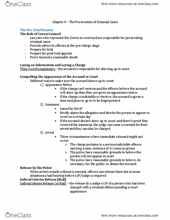 Sociology 2253A/B Chapter Notes - Chapter 8: Indictable Offence, Recognizance thumbnail