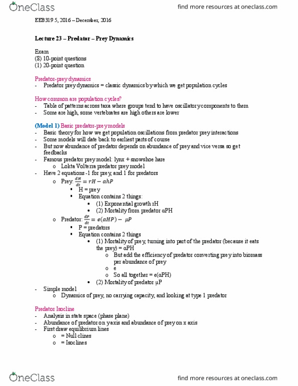 EEB319H1 Lecture Notes - Lecture 23: Isocline, Snowshoe Hare, Carrying Capacity thumbnail