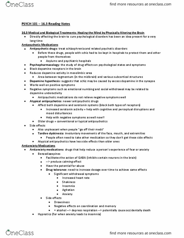 PSYCH 101 Chapter Notes - Chapter 16.3: Dopamine Reuptake Inhibitor, Norepinephrine Reuptake Inhibitor, Tardive Dyskinesia thumbnail