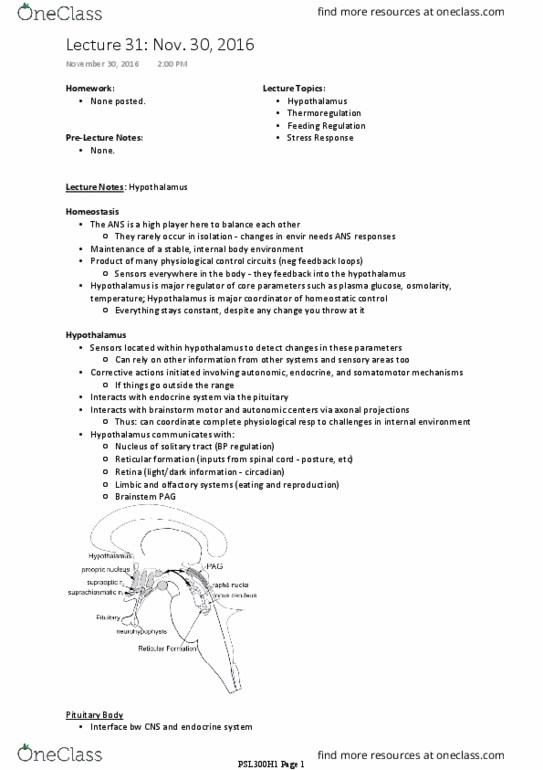 PSL300H1 Lecture Notes - Lecture 31: Arcuate Nucleus, Supraoptic Nucleus, Anterior Pituitary thumbnail