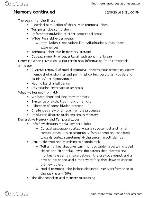 NRSC 2100 Lecture Notes - Lecture 19: Radial Arm Maze, Temporal Lobe, Perirhinal Cortex thumbnail