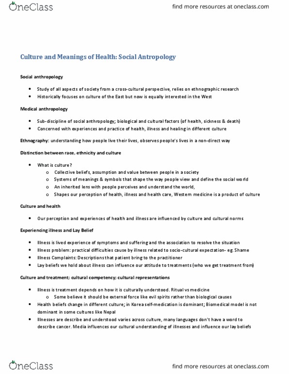 HLTA02H3 Lecture Notes - Lecture 9: Social Anthropology, Medical Anthropology, Biomedical Model thumbnail