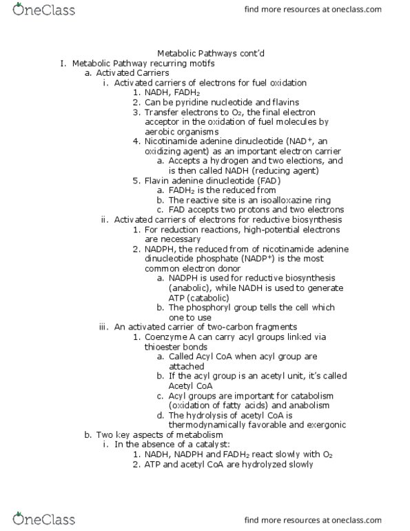 CHEM 352 Lecture Notes - Lecture 5: Nicotinamide Adenine Dinucleotide Phosphate, Flavin Group, Acetyl-Coa thumbnail